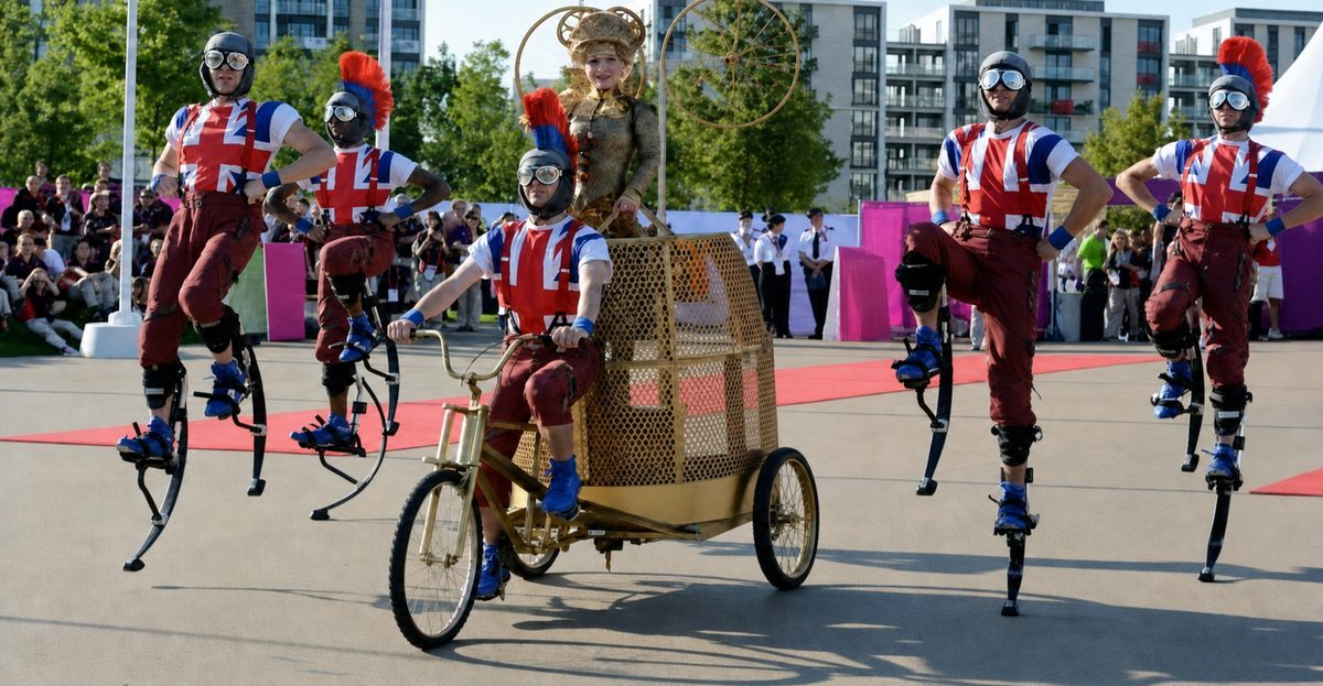 Springsteltartiesten in Union Jack-kostuums tijdens een parade in de buitenlucht