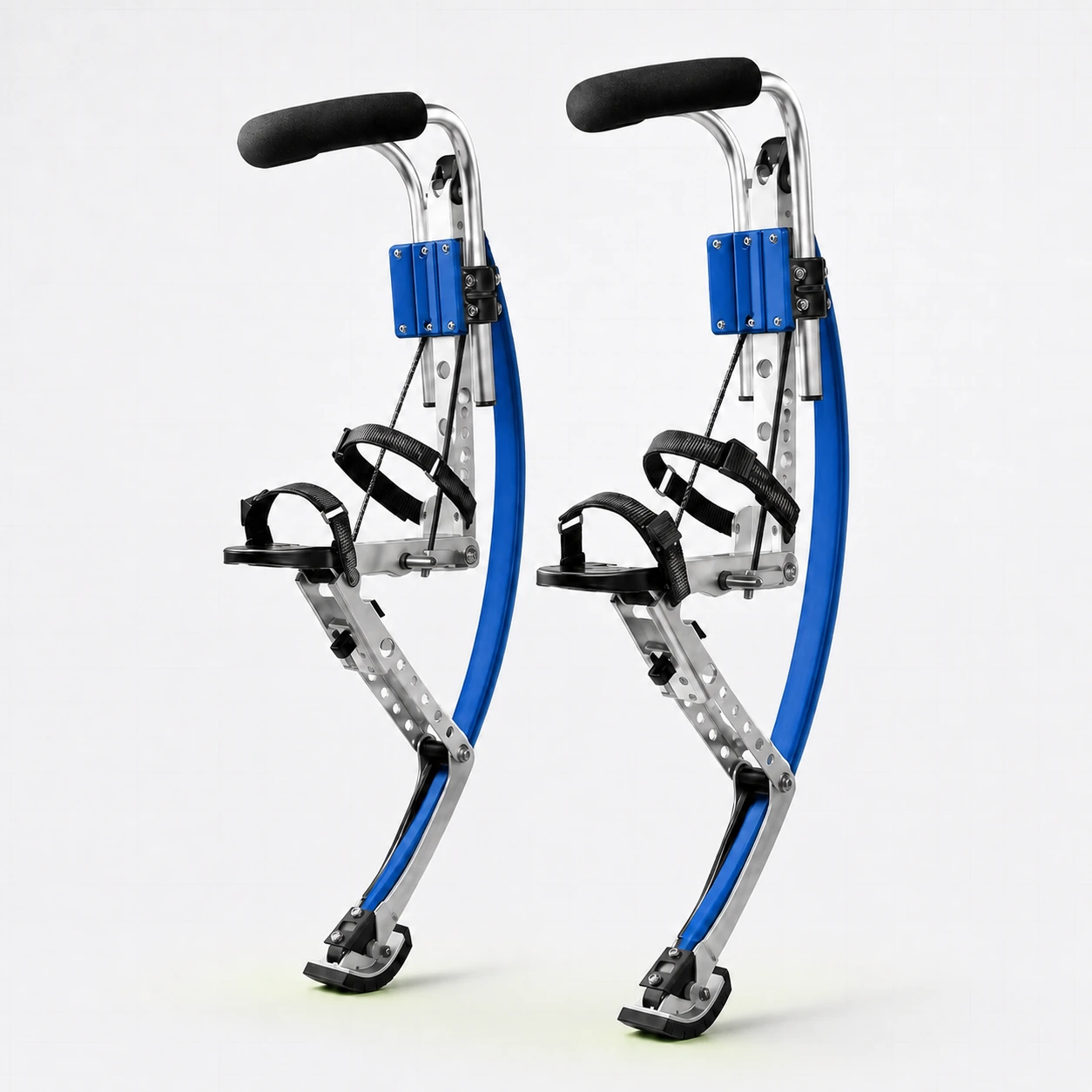 Pair of adult blue and silver jumping stilts on a white background